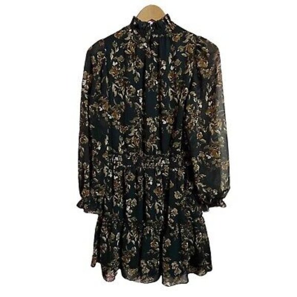 Drew Floral Green Fern and Brown Ruffle Chiffon Knee Length Dress Size M NWT - Picture 4 of 9